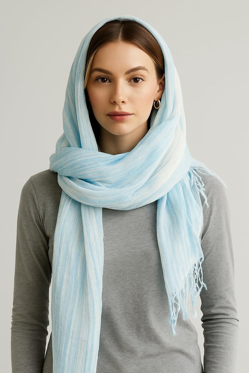Jeelow Scarf/Shawl/Wrap 100% Linen Scarves For Men And Women (Blue Stripes) - Image 4